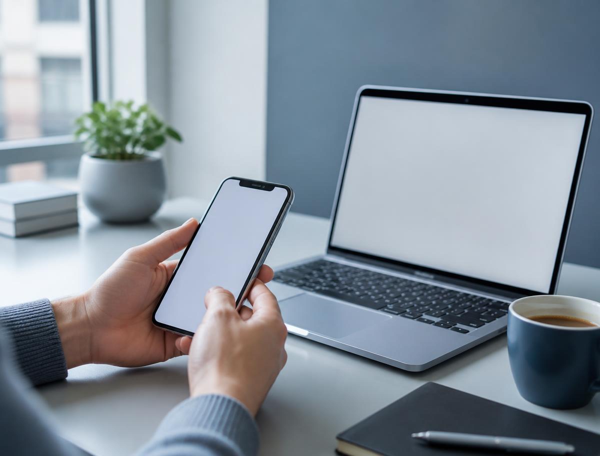 Persona usando banca móvil desde su escritorio