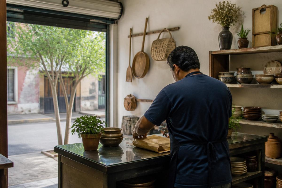 Dueño de un pequeño negocio trabajando en su local