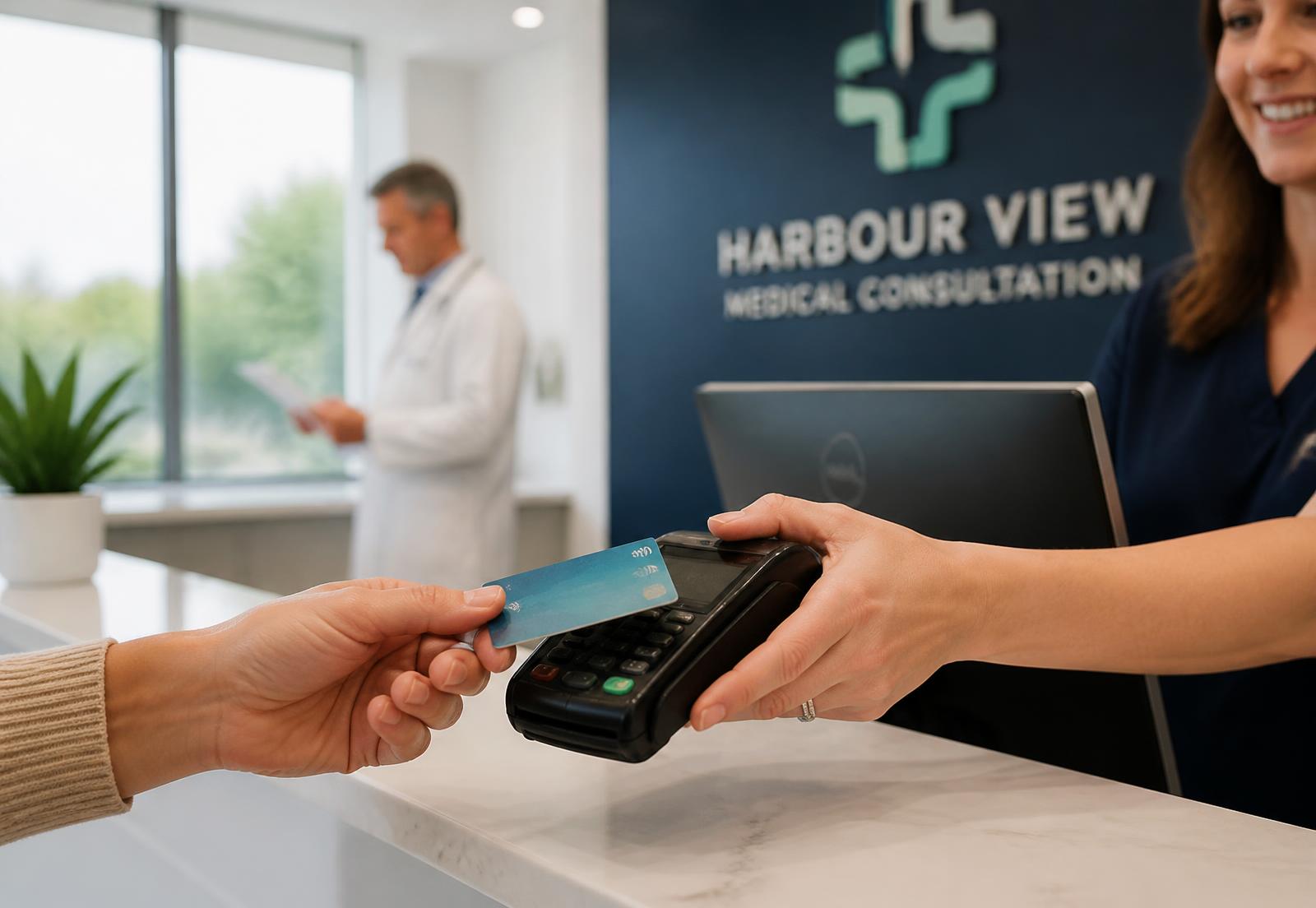 Cobro con tarjeta sin contacto en la recepción de un consultorio médico