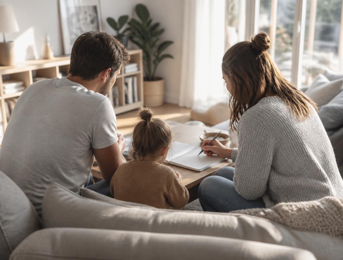 Familia planeando su futuro en casa